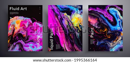 Abstract liquid placard, fluid art vector texture pack. Trendy background that can be used for design cover, poster, brochure and etc. Pink, blue, yellow and black creative iridescent artwork.