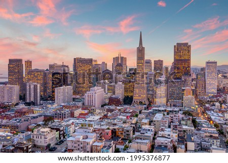 Downtown city skyline San Francisco cityscape in USA at sunset