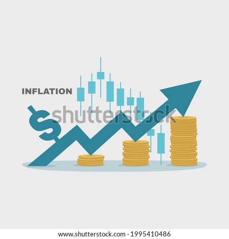 Inflation is rising and risks for stock market investors. Interest rate impact for the stock investment. Financial economic control concept. Arrow with coins and the candlestick indicator. Royalty-Free Stock Photo #1995410486