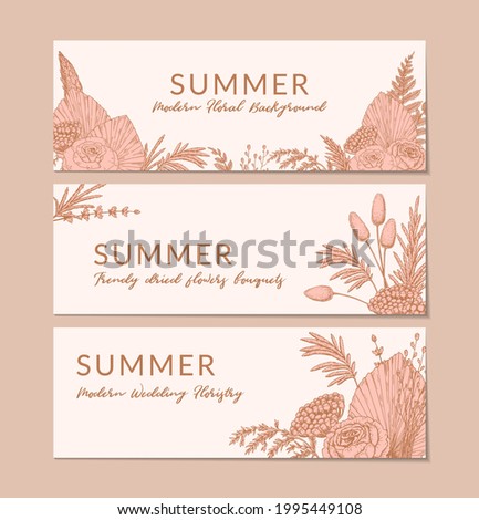 Set of horizontal summer banners with hand drawn modern floristry. Vector illustration in sketch style