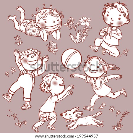 Happy Children playing. Summer activities CAMP. Outline. Children illustration for School books, magazines, advertising and more. Separate Objects. VECTOR.