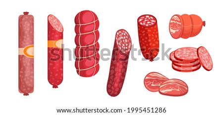 Salami, Pepperoni Smoked Sausage Meat Products, Whole and Sliced Delicious Meaty Assortment, Butcher Shop Production, Gourmet Delicatessen, Farm Market Meal Promotion. Cartoon Vector Illustration, Set Royalty-Free Stock Photo #1995451286