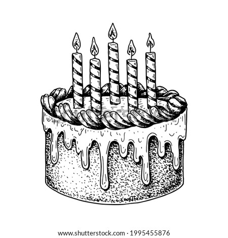 Hand drawn Birthday cake with candles isolated on white. Vector illustration in sketch style