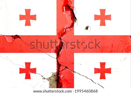 Georgia national flag icon grunge pattern painted on old weathered broken wall background, abstract Georgia politics economy society issues concept texture wallpaper