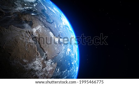 Planet earth from space, zoom in to the middle east, Saudi Arabia, world skyline, globe Royalty-Free Stock Photo #1995466775