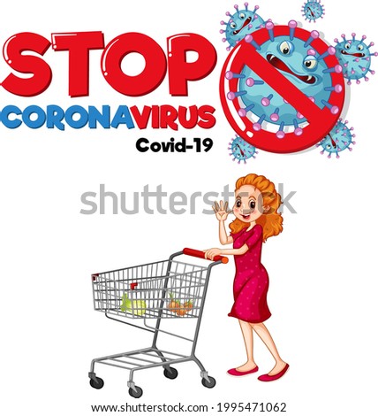 Stop Coronavirus banner with a woman standing by shopping cart on white background illustration