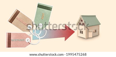 Tags of different colors with the inscription - mortgage, purchase, rent. Arrow pointing at the house. Buying, selling renting a house. Mortgage. Copy space. Banner format