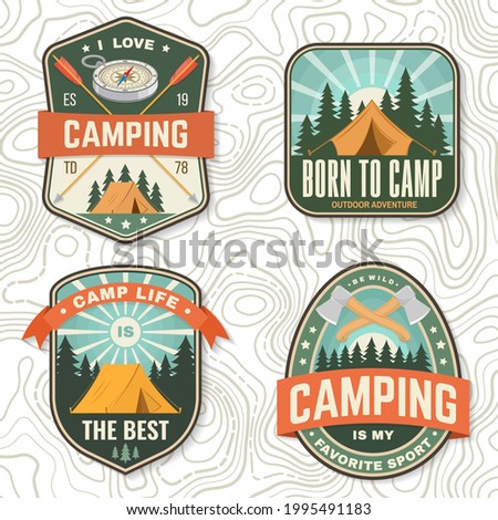 Set of camping badges. Vector Patch or sticker. Concept for shirt or logo, print, stamp or tee. Vintage typography design with compass, tent, mountain, camper trailer and forest silhouette.