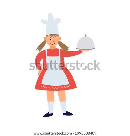 Little girl in cook chiefs hat standing with dish in her hands, flat vector illustration isolated on white background. Child studying culinary and cooking art.