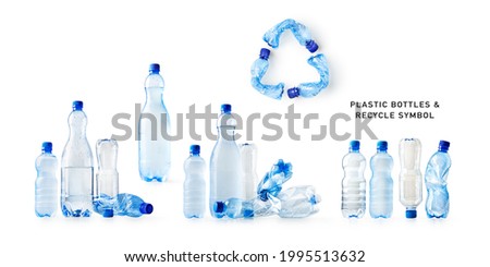 Water plastic bottles and recycle symbol made of used plastic bottles set isolated on white background. Environmental recycling concept. Design element
