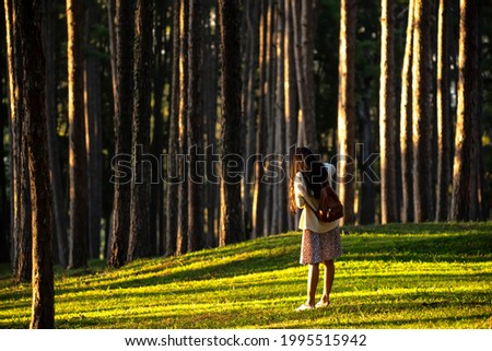 Young woman photographer trekking and taking pictures in the tropical forest 