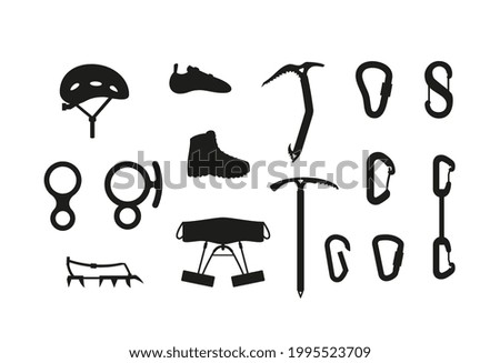 Vector set of climbing equipment for outdoors extreme sports activities in mountains, alpinist hiking at rocks or camping. Safety accessories - carabiners, helmet, boots and claws.