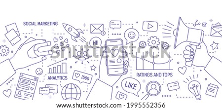 Horizontal banner with hands holding magnet, megaphone and mobile phone drawn with contour lines on white background. Social media marketing, seo optimization. Vector illustration in lineart style.