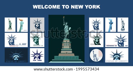 Welcome to New York. Statue of Liberty design template set. Banner, geometric blue and white flat design. Booklet, album poster. Name Independence Day. X-banner.Information banner, vector illustration