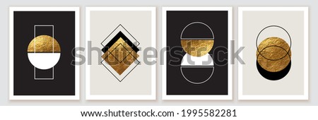 Abstract minimalist wall art composition in beige, grey, white, black colors. Golden geometric shapes, circles, squares design. Modern creative hand drawn background. Art deco balance composition.