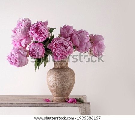 Beautiful bouquet of pink peonies in vase on a gray background