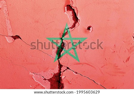 Morocco national flag icon grunge pattern painted on old weathered broken wall background, abstract Morocco politics economy society issues concept texture wallpaper