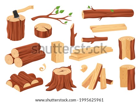 Cartoon wood log and trunk. Wooden lumber materials logs, trunks, stumps, firewood, planks, branches. Hardwood construction elements vector set. Natural plants for construction and material Royalty-Free Stock Photo #1995625961
