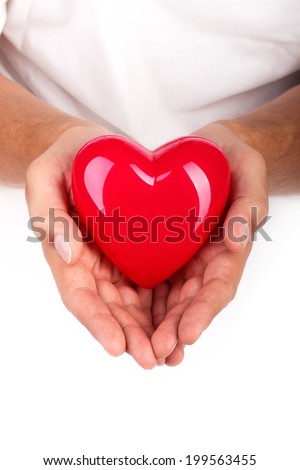 Male hands holding red heart. Health insurance or love concept