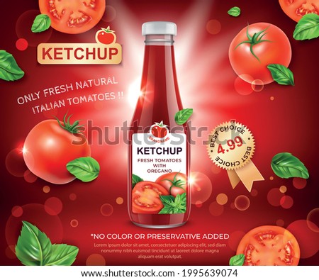 Realistic Detailed 3d Ketchup Bottle Fresh Tomatoes with Oregano Ads Banner Concept Poster Card. Vector illustration Royalty-Free Stock Photo #1995639074
