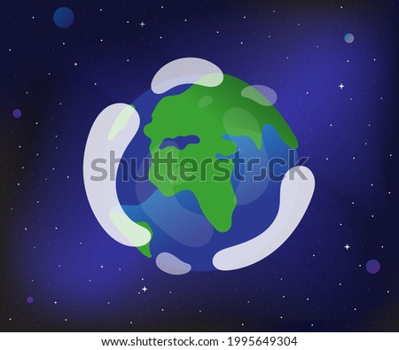 Earth on a dark blue background in cartoon style. Flat vector illustration. Good illustration. Night sky background. Beautiful stars. Vector banner.
