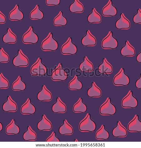 Vegeterian seamless pattern with little random fig ornament. Purple colors. Exotic fruit decor. Designed for fabric design, textile print, wrapping, cover. Vector illustration.