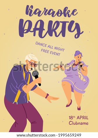 Karaoke night event advertising poster and invitation template with elderly senior singing people characters, flat vector illustration. Karaoke club banner or flyer.