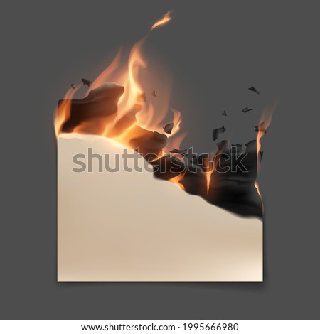 Realistic burning paper in fire flames Royalty-Free Stock Photo #1995666980