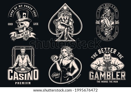 Casino vintage emblems with croupier rich player with gambling chips attractive poker lady skull smoking cigar skeleton gambler in tuxedo skeleton queen for playing cards isolated vector illustration