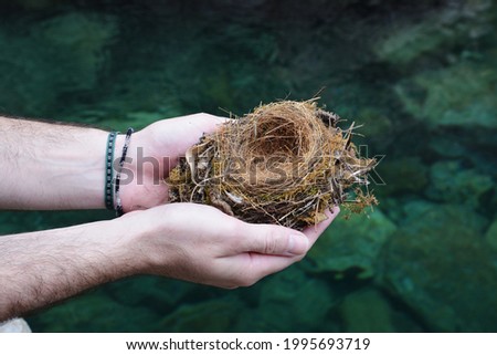White male holding empty bird's nest with two hands above blue green water
