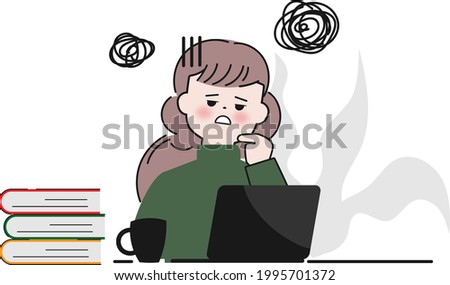 Hand drawn cute woman character hard working. Vector illustrations in doodle style.