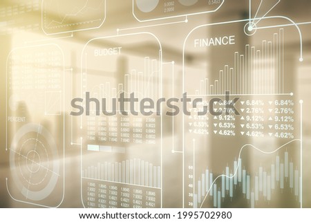 Double exposure of abstract creative statistics data hologram on empty room interior background, analytics and forecasting concept