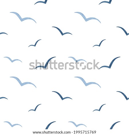 Watercolor navy blue abstract Seagull seamless pattern. Sea life. Flying Gull Birds silhouettes in the sky. Marine simple vector background for design prints, fabric, textile, package, scrapbooking Royalty-Free Stock Photo #1995715769