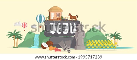 Jeju island in South Korea, tourist tour banner. Summer vacation, active tour with famous attraction, adventure time. Layout of postcard to island for travelers. Jeju, Korean nature and landscape Royalty-Free Stock Photo #1995717239