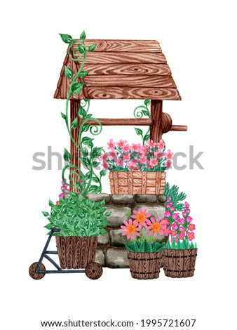 A rustic well decorated with pink flowers. Garden wooden pots and bicycle planters with greenery. Hand drawn watercolor illustration. Isolated on a white background.