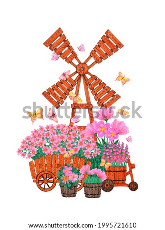 Wooden mill with pink flowers in pots. Hand drawn watercolor illustration. Isolated on a white background. Decorating country gardening. Soaring butterflies over the flowerpots, bike and boxes.
