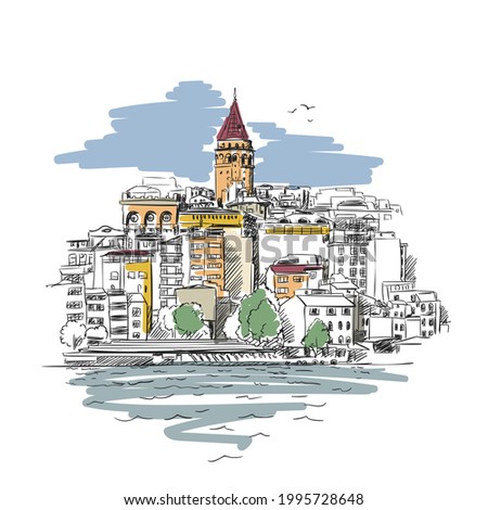 Sketch of Galata tower in Istanbul and seagulls flying in sky, Famous turkish landmark, Vector hand drawn illustration Royalty-Free Stock Photo #1995728648