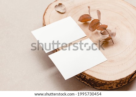 Two blank business cards mock up for design template on a trunk. White visit card mockup front and back with natural colors. Branding concept, insert your logo