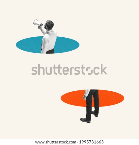 Young businessman, clerk with megaphone isolated on light background. Blue and orange circles. Contemporary art collage. Inspiration, idea, trendy. Concept of professional occupation, business, ad. Royalty-Free Stock Photo #1995731663