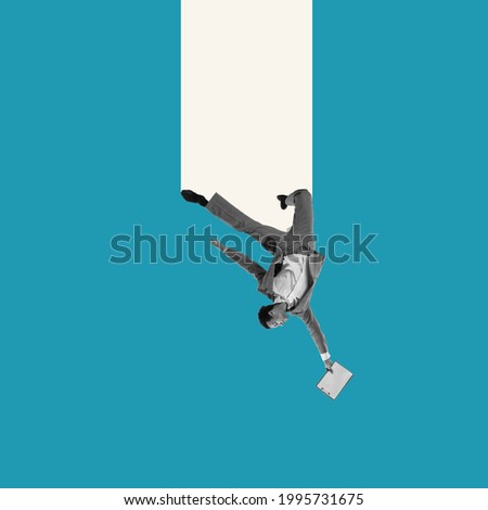 Ups and downs. Young man, ballet dancer in business clothes, suit falling down isolated on abstract art background. Concept of finance, economy, professional occupation, ad. Creative collage