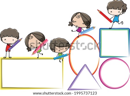 vector cartoon boys and girls hold colour pencil set border frame background