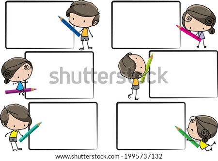 vector cartoon boys and girls hold colour pencil set border frame background