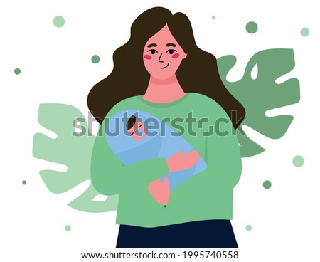 Happy mom holds a baby in her arms. Vector flat illustration on the topic of motherhood and child care. A woman with a child on an abstract background with leaves