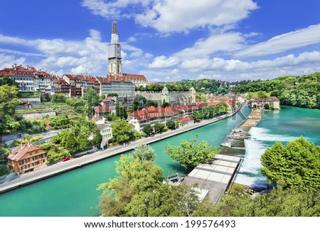 Panoramic view on the magnificent old town of Bern, capital of Switzerland Royalty-Free Stock Photo #199576493