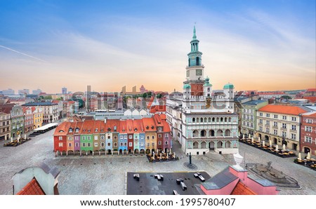Poznan, Poland. Aerial view of Rynek (Market) square with small colorful houses and old Town Hall Royalty-Free Stock Photo #1995780407