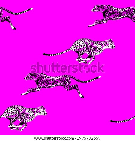 Creative seamless pattern with jumping cheetahs. Bright summer animal print for any purposes. Trendy style.
