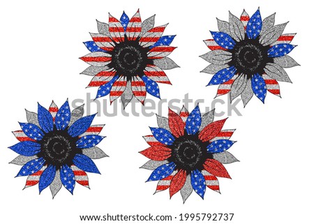Bright sunflower in color of national American flag. Independence day clip art pack on white 