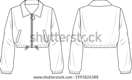Women's Crop Zip-up Bomber Jacket. Jacket technical fashion illustration. Flat apparel jacket template front and back, white color. Women's CAD mock-up. Royalty-Free Stock Photo #1995826388