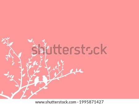 Birds sitting in the tree branch. White tree and birds on a light salmon pink background. Vector illustration.