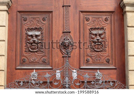 Old wooden door with heads of lions, Prague, Czech republic